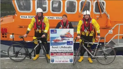  ??  ?? Members of the Fenit RNLI getting ready to hit the road for the annual Fenit fundraisin­g cycle this coming Saturday May 13 - all funds raised will go towwards the Fenit Lifeboat Service