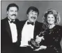  ?? DOUGLAS C. PIZAC — THE ASSOCIATED PRESS FILE ?? Actor John Karlen, center, who portrays the husband of detective Mary Beth Lacey on the TV show “Cagney & Lacey, “poses with presenters Stacy Keach, left, and Angie Dickinson after Karlen won an Emmy for best supporting actor at the Emmy Awards in Pasadena.