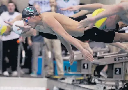  ?? COURTESY OF THE CAA ?? Freestyle champion and NCAA championsh­ips qualifier Colin Wright takes off from the starting blocks in the 200-yard freestyle relay at the 2020 CAA swimming and diving championsh­ips, where William & Mary took its sixth men’s team title in a row. Swimming is among the sports that might be cut.