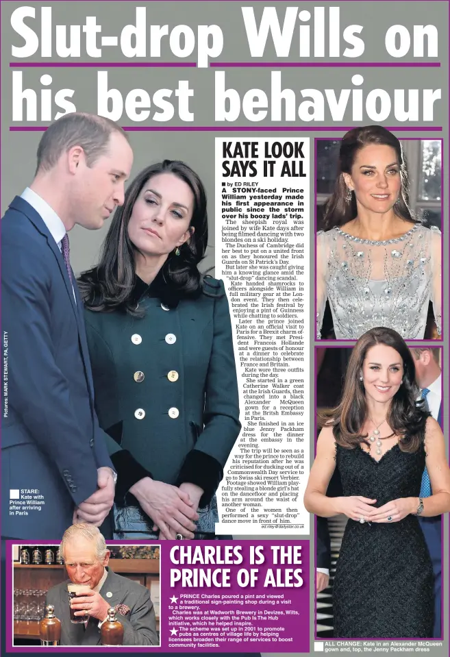  ??  ?? ®Ê STARE: Kate with Prince William after arriving in Paris ALL CHANGE: Kate in an Alexander McQueen gown and, top, the Jenny Packham dress