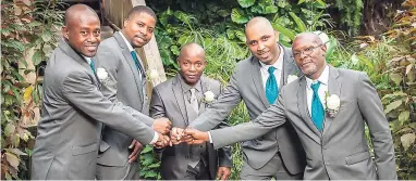  ??  ?? The man of the moment Brodrick McKenzie (centre) with his groomsmen. From left: Steve Effs, David Mitchell, Kevin Belnavis and Rohan Hartley.