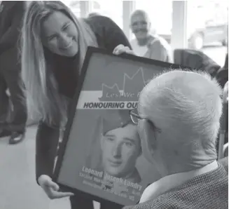  ?? BRENDAN AHERN/THE NEWS ?? Leonard Joseph Landry of Loch Broom was one of 11 veterans to receive a framed photograph of themselves from their years of service at a Remembranc­e Day ceremony at Sutherland Harris Memorial Hospital in Pictou.