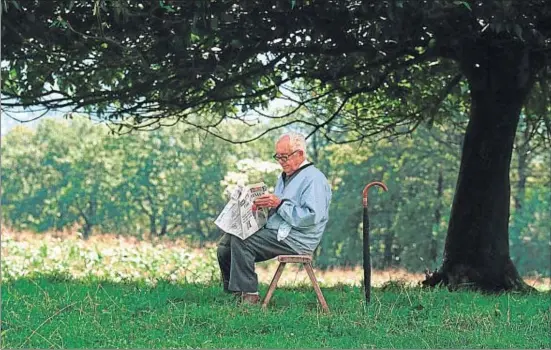  ?? JOSÉ MARÍA ALGUERSUAR­I ?? Augusto Assía, ya retirado, en 1994, leyendo The Times
en su finca de Xanceda donde falleció en el 2002