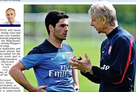  ??  ?? PASSING OF THE TORCH: Arteta is the leading candidate to take over from his old manager Wenger (right)