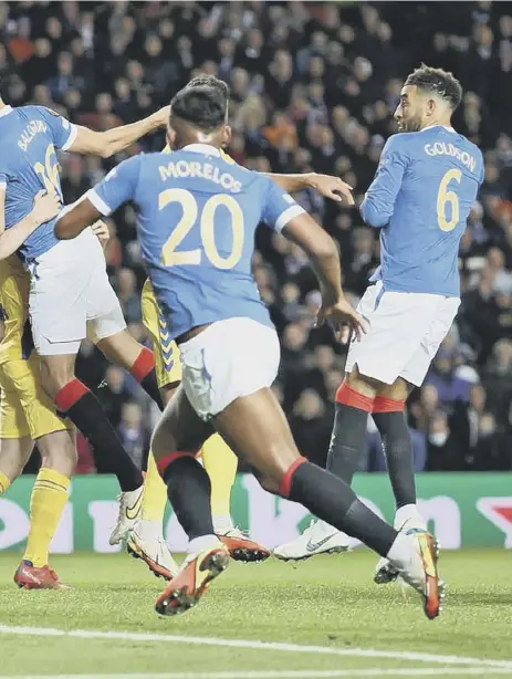  ?? ?? 2 Defender Leon Balogun is head and shoulders above the rest as he powers home a terrific header from a corner to give Rangers the lead in last night’s Europa League clash against Danish side Brondby at Ibrox