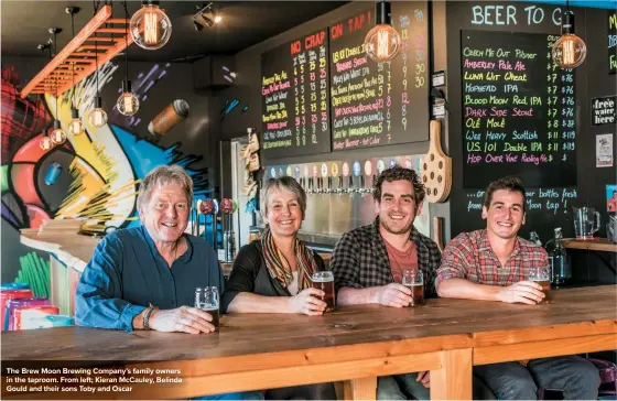  ??  ?? The Brew Moon Brewing Company’s family owners in the taproom. From left; Kieran Mccauley, Belinda Gould and their sons Toby and Oscar