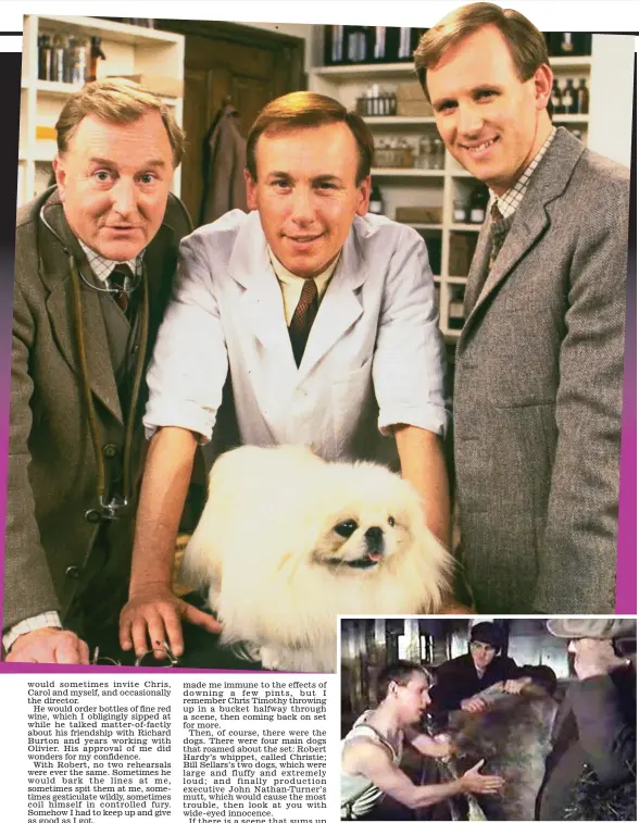  ??  ?? Animal magic: Hardy, Timothy and Davison with pampered Pekingese Tricki-Woo. Inset: Tristan has to deliver a calf