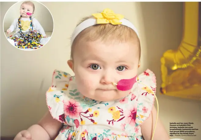  ?? Picture / Emma MacDonald ?? Tess Nichol Isabella and her mum Cindy Dawson at Isabella’s first birthday. Isabella has acute lymphoblas­tic leukaemia and has had almost 2000 procedures, signified by the beads ( inset, top).