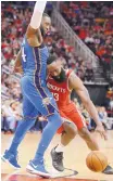  ?? MICHAEL WYKE/AP PHOTO ?? Houston Rockets guard James Harden (13) drives on Oklahoma City Thunder forward Nick Collison Saturday in Houston.