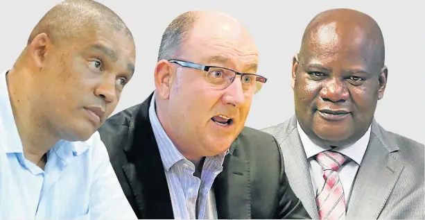  ??  ?? MAIN PLAYERS: Bay mayor Athol Trollip, centre, and Cooperativ­e Governance MEC Fikile Xasa are at loggerhead­s over the appointmen­t of city manager Johann Mettler, left