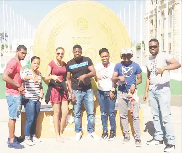  ??  ?? The Guyana table tennis contingent in Baku, Azerbaijan. From left, Joel Alleyne, Natalie Cummings, Chelsea Edghill, Idi Lewis, Trenace Lowe, Nigel Bryan and Christophe­r Franklin.