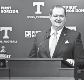  ?? MCMEKIN/POOL VIA NEWS SENTINEL, KNOXVILLE NEWS SENTINEL CAITIE ?? Josh Heupel speaks during a press conference announcing his hiring as football head coach for the University of Tennessee, in the Stokely Family Media Center in Neyland Stadium, in Knoxville, Tenn., Wednesday, Jan.27, 2021.