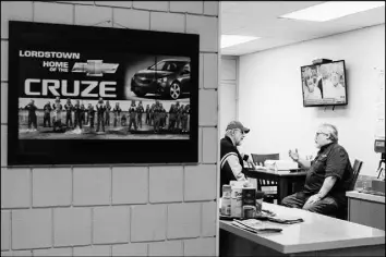  ??  ?? In the break room at the United Automobile Workers Local 1112 office in Warren, Ohio, much of the talk is about the shuttering of the General Motors plant in Lordstown.