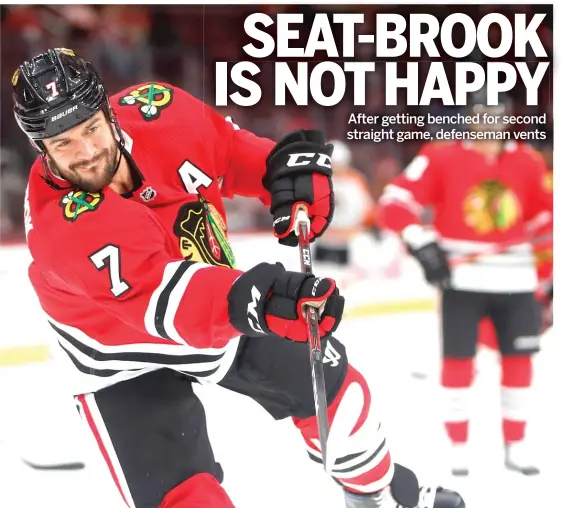  ?? CHARLES REX ARBOGAST/AP ?? Hawks defenseman Brent Seabrook, who didn’t play against the Predators, says he still has a lot to offer and could be a good player for somebody in the NHL.