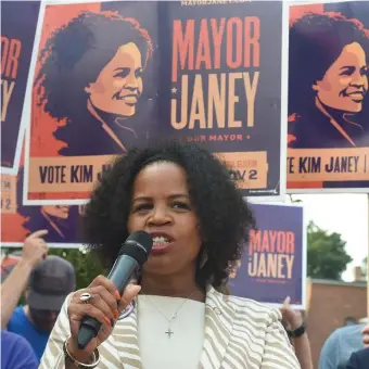  ?? JiM MicHAuD / boSton HerALD ?? JANEY: Acting Mayor Kim Janey speaks at a rally in Grove Hall on Sunday in Roxbury.