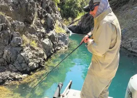  ??  ?? Jeremy Keyston battles with a bass at a small inlet at Shasta Lake.