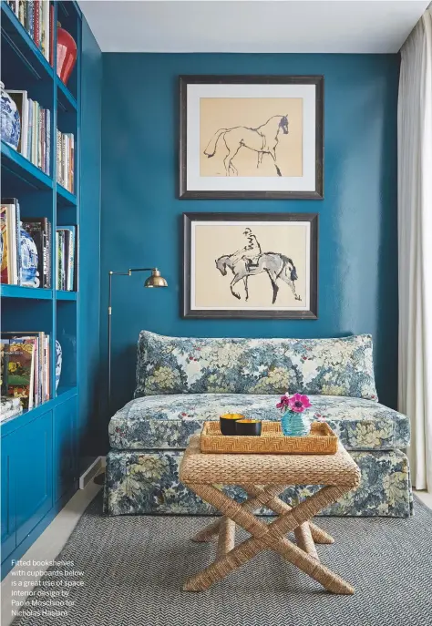  ??  ?? Fitted bookshelve­s with cupboards below is a great use of space. Interior design by Paolo Moschino for Nicholas Haslam