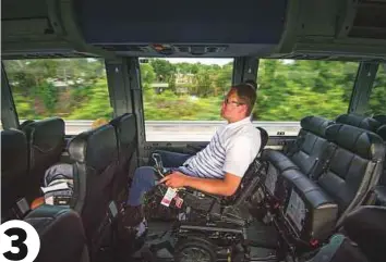  ?? New York Times News Service ?? ■ John Morris, a wheelchair user and a frequent traveller, boards a Greyhound bus from Sarasota to Tampa, Florida. Apps help guide the blind through airports. Smartphone­s help the deaf communicat­e. But tech’s advantages often stop at the door of the plane, train or bus, people of determinat­ion say.