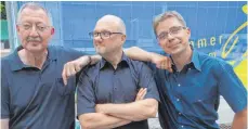  ?? FOTO: KRIEGLER ?? Peter Imhof, Stefan Gebhardt und Stephan Buck haben alle Hände voll zu tun: Kaum ist die Sommerbühn­e vorbei, geht es auch schon weiter. Mitte September beginnt die Planung für 2018.