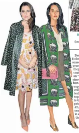  ??  ?? Bianca Jagger in her Prada party coat in Milan, left, and Allison Williams in floral Prada, below. Blue floral £275 (tedbaker.com