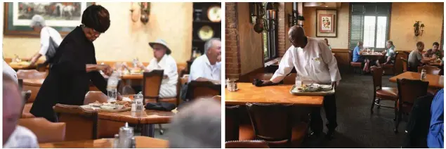  ?? Staff photo by Jerry Habraken ?? LEFT: Pearline Jennings cleans up in the dining room Thursday at Bryce’s Cafeteria. Jennings has worked at Bryce’s for 52 years. “I’m not sure what I’m going to do next,” said Jennings. “I’m not sure I want another restaurant job after this place.”...