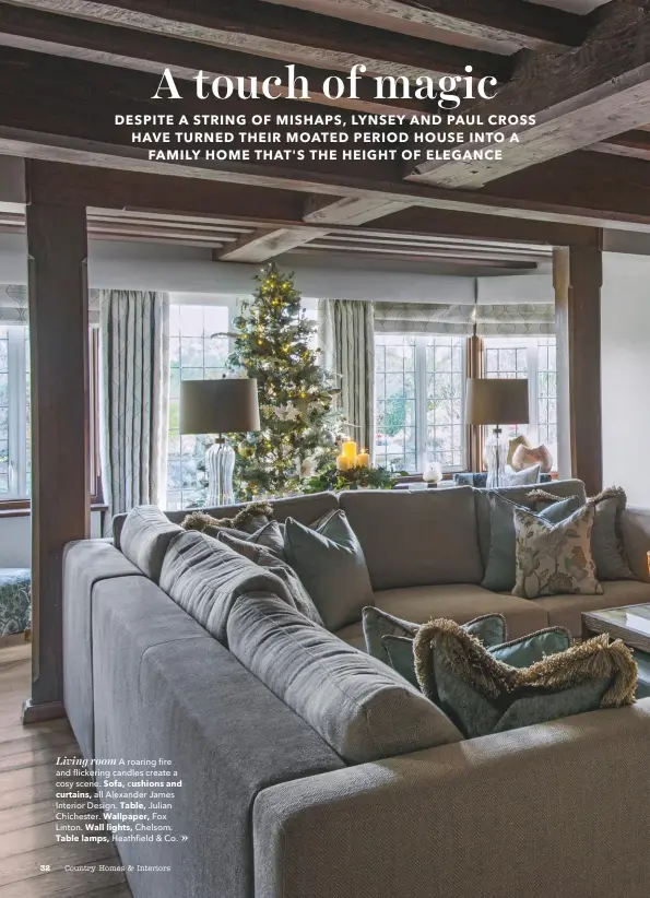  ??  ?? Living room A roaring fire and flickering candles create a cosy scene. sofa, cushions and curtains, all Alexander James Interior Design. table, Julian Chichester. Wallpaper, Fox Linton. Wall lights, Chelsom. table lamps, Heathfield &amp; Co. »