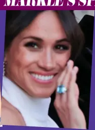  ??  ?? All square: Meghan wore Diana’s aquamarine cocktail ring — ironically a present to mark her divorce from Charles — to her wedding reception in May