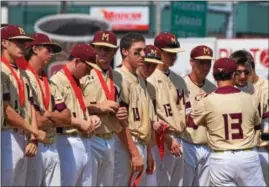  ?? AUSTIN HERTZOG - DIGITAL FIRST MEDIA ?? Members of the Gov. Mifflin baseball team receive their runner-up medals from coach Chris Hoke (13) after falling to Ephrata in the District 3-AAAA baseball championsh­ip.