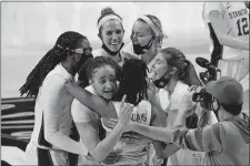  ?? ERIC GAY/AP PHOTO ?? Stanford players celebrate at the end of a women’s Final Four semifinal game against South Carolina on Friday in San Antonio.