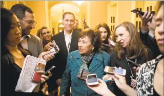  ?? Andrew Harnik / Associated Press ?? House Appropriat­ions Committee Chairwoman Nita Lowey, D-N.Y., on Monday speaks to reporters as she walks out of a closed-door meeting at the Capitol with bipartisan House and Senate bargainers trying to negotiate a border security compromise in hopes of avoiding another government shutdown on Capitol Hill on Monday.