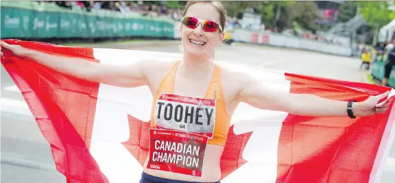  ?? ASHLEY FRASER ?? Kait Toohey of Princeton was the first Canadian women to cross the finish line of the marathon Sunday at Ottawa Race Weekend, finishing in 2:45:07.