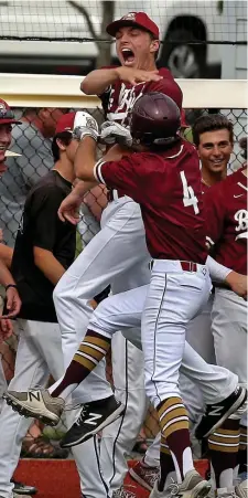  ?? MATT sTOnE PHOTOs / HErAld sTAFF ?? ROUND-TRIPPER: BC High’s Chris Capozzi celebrates with his team after an inside-the-park home run against Plymouth North in the preliminar­y round of the Div. 1 South sectional tournament on Monday.