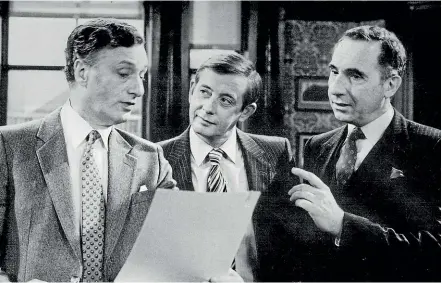  ??  ?? Paul Eddington,
left, as Jim Hacker, Derek
Fowlds as Bernard Woolley
and Nigel Hawthorne as Sir Humphrey Appleby, in the political comedy Yes, Prime
Minister.