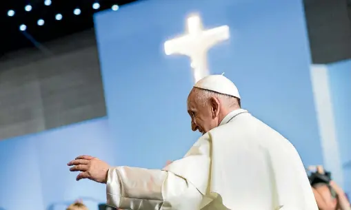  ?? AP ?? Pope Francis waves when arriving for a Holy Mass, at the Palexpo hall, in Geneva, during a visit for the World Council of Churches as centrepiec­e of the ecumenical commemorat­ion of the WCC’s 70th anniversar­y.