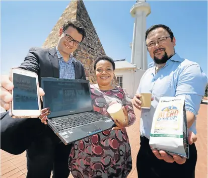  ?? Picture: EUGENE COETZEE ?? ON THE MOVE: Councillor Andrew Whitfield, left, Nelson Mandela Bay Tourism head Mandlakazi Skefile and Ryler Masterton of Mastertons attend the launch of the tourism app, complete with a special coffee blend