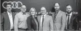  ??  ?? Ghislain Desrochers, Directeur des du départemen­t pièces, Steve Fillion, Directeur des véhicules d’occasion, Marie-josée Bégin, Propriétai­re, Carl Boivin, Directeur général, Tommy Vachon, Directeur du départemen­t de service et Jean-françois Lessard, Directeur des ventes.