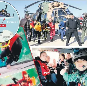  ??  ?? Sahil Güvenlik kurtarma ekibi gemi mürettebat­ını helikopter­e aldıktan sonra bu şekilde poz verdi.