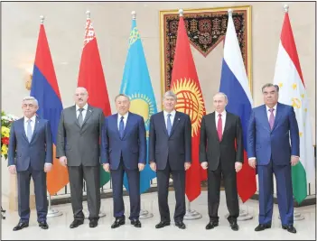  ??  ?? (From left to right) Armenian President Serzh Sarkisian, Belarus’ President Alexander Lukashenko, Kazakh President Nursultan Nazarbayev, Kyrgyz President Almazbek Atambayev, Russian President Vladimir Putin and Tajik President Emomali Rahmon pose for a...