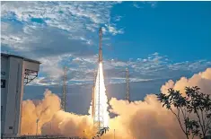  ??  ?? The Aeolus satellite is launched from French Guiana, with the unit expected to relay informatio­n from the atmosphere to meteorolog­ists back on the ground