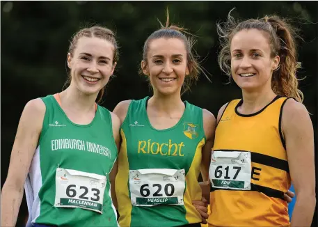  ??  ?? Top three finishers of the Senior Women’s race first place finisher Shona Heaslip, An Riocht A.C., centre, An Riocht A.C., second place Mhairi Maclennan, left, Scotland, and third place Michelle Finn, right, Leevale A.C., during the Autumn Open Cross...