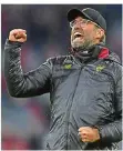  ?? FOTO: STACHE/AFP ?? Dreimal durfte Liverpools Trainer Jürgen Klopp jubeln. Der Ex-Dortmunder machte wieder seinem Ruf als Bayern-Schreck alle Ehre.