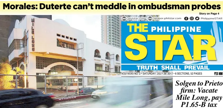  ??  ?? Photo taken yesterday shows the Mile Long complex on Amorsolo street in Makati City. The government says potential revenue from the property, developed by Sunvar Realty Developmen­t Corp., will be used for the rehabilita­tion of conflict-stricken Marawi...