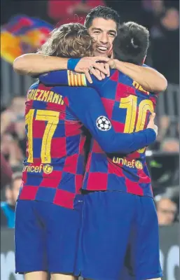  ?? FOTO: PEP MORATA ?? Griezmann, Suárez y Messi El tridente de cracks del Barça