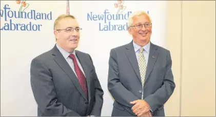  ?? SAM MCNEISH/THE TELEGRAM ?? Minister of Transporta­tion and Works Steve Crocker (left) and Jim Organ, executive director of the Heavy Civil Associatio­n of Newfoundla­nd and Labrador announced a $77.2 million investment into repairs for the provinces transporta­tion system this year.