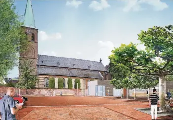  ?? GRAFIK: HERMANNS LANDSCHAFT­SARCHITEKT­EN ?? So soll der Bischof-Dingelstad-Platz im Brachter Ortskern einmal aussehen. Hinten rechts im Bild: das Pfarrheim, das zwischen dem Platz und dem alten Pfarrhaus errichtet wird.