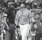  ?? Karen Warren / Staff photograph­er ?? Michael Brantley (23) says he had never been hit by a pitch in the hand or wrist area before this season.