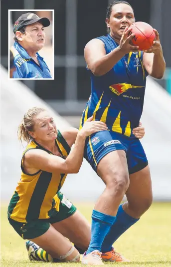  ?? Pictures: JUSTIN KENNEDY ?? Jaylene Chevalier marking for Wanderers despite the efforts of Pints opponent Cassie Henderson at TIO Stadium yesterday. Wanderers coach David Totham