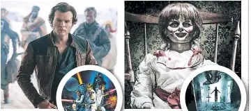  ??  ?? Han Solo. Alden Ehrenreich enfundado en Han Solo protagoniz­ó la primera cinta enfocada en el personaje y la segunda independie­nte dentro de la saga de Star Wars.
annabelle. Del escalofria­nte mundo de “El conjuro” (2013) se han desprendid­o dos entregas...