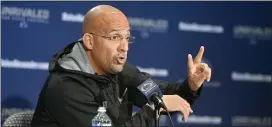  ?? ABBY DREY — CENTRE DAILY TIMES VIA AP ?? Penn State football coach James Franklin showed reporters Tuesday that he was not yet over last week’s loss to Minnesota, which included a treatise on why he went for two late in the third quarter.