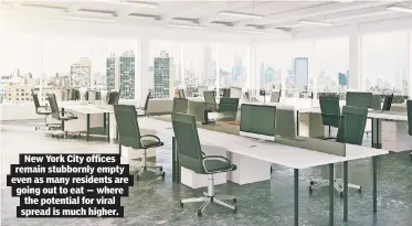  ?? ?? New York City offices remain stubbornly empty even as many residents are going out to eat — where the potential for viral spread is much higher.